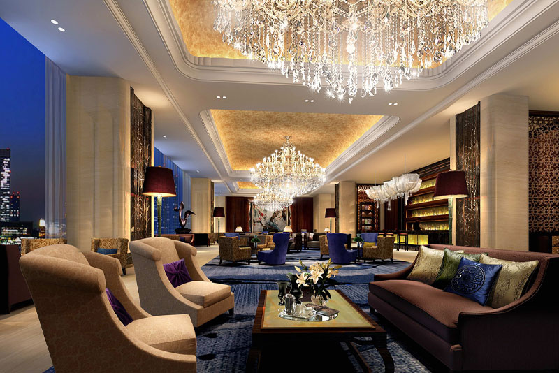 Luxury hotel chandelier with warm LED candle bulbs